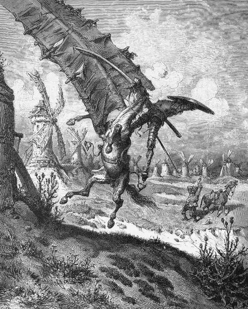 Don Quixote fights a windmill, by Dor.