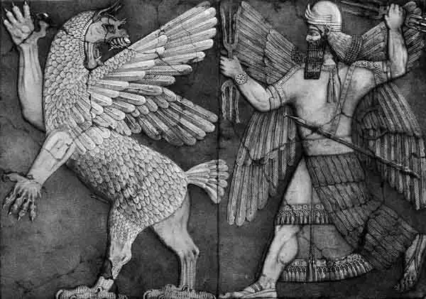 Tiamat and Marduk, Babylonian deities, on an ancient relief.