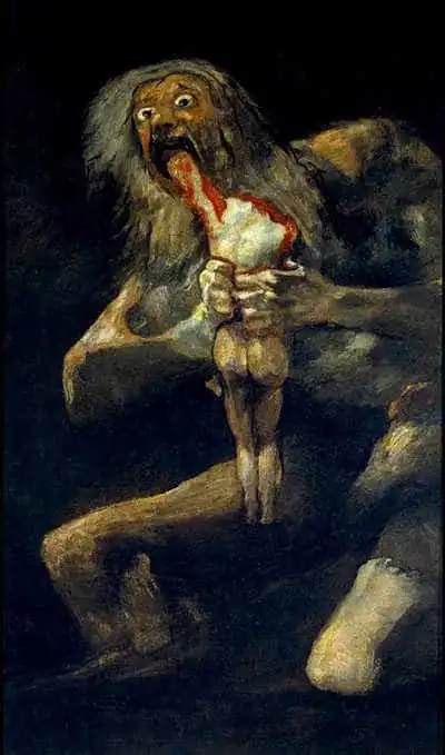 The Greek god Cronus (Roman name Saturn) devours one of his children. Painting by Francisco Goya, 1819.