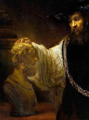 Aristotle with a bust of Homer, detail, Rembrandt 1653.