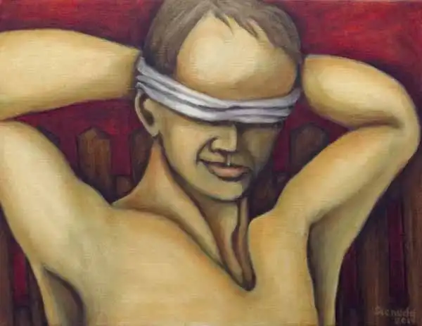 Blindfold. Oil painting by Stefan Stenudd, 2019.