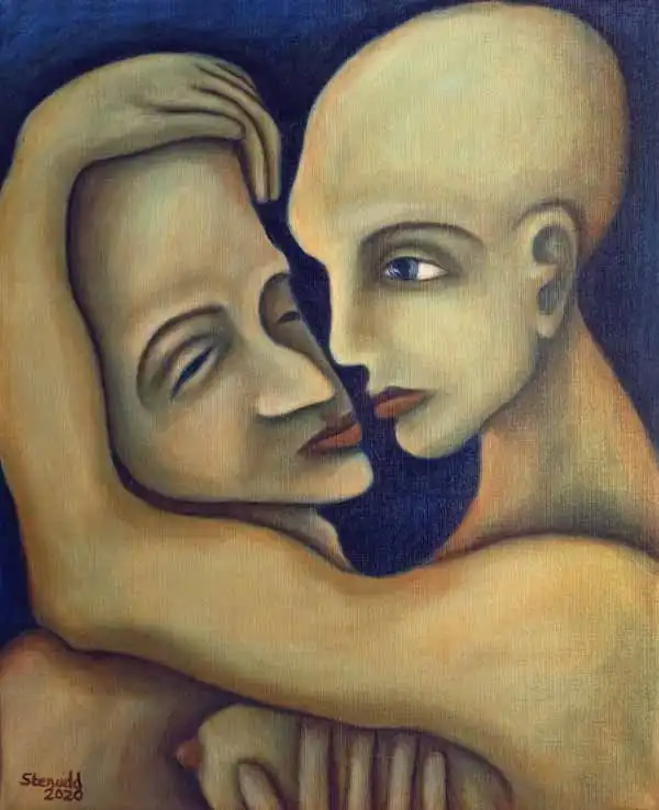 Blue embrace. Oil painting by Stefan Stenudd, 2020.