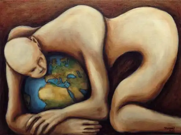 Globe hug. Oil painting by Stefan Stenudd, 2019.