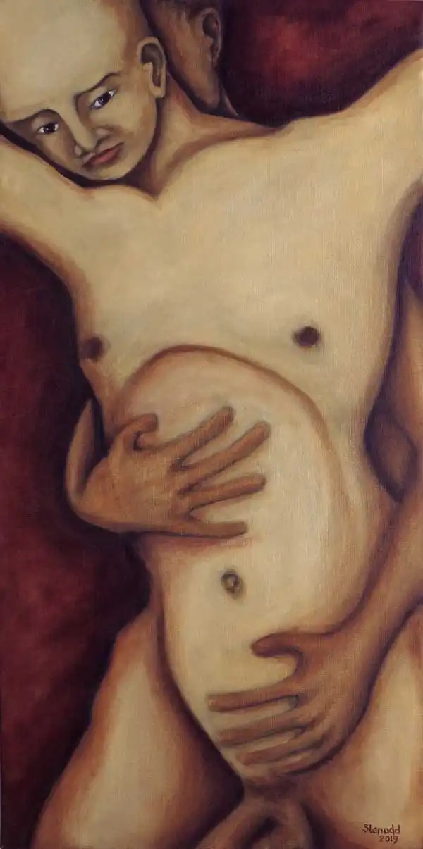 Grab from behind. Oil painting by Stefan Stenudd, 2019.