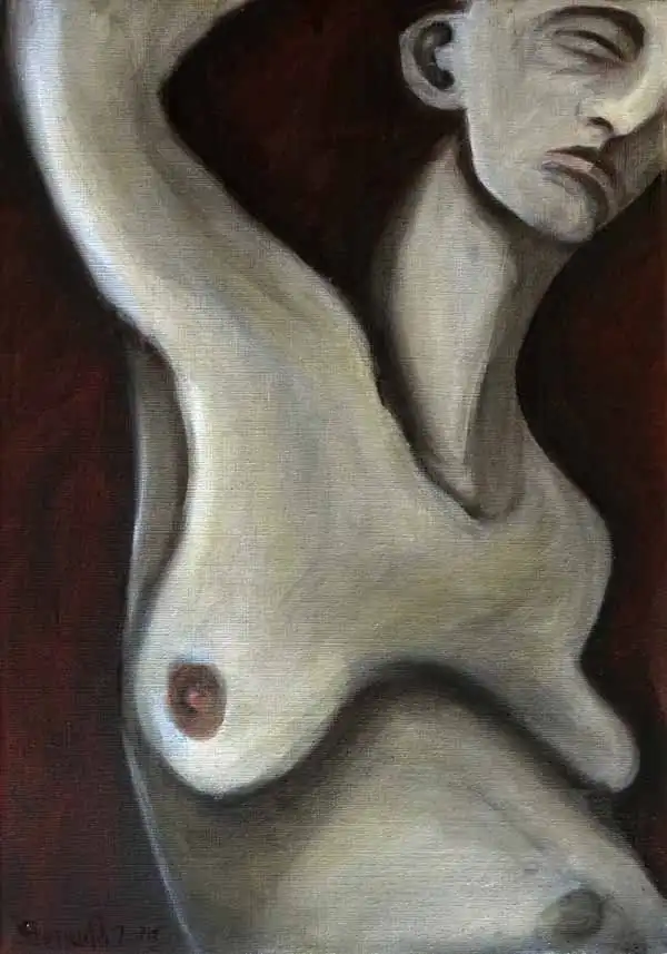 Half-figure with raised arm. Oil painting by Stefan Stenudd, 2015.
