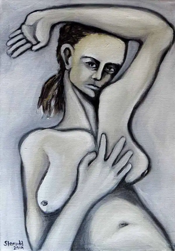 Half-figure woman with raised arm. Oil painting by Stefan Stenudd, 2014.