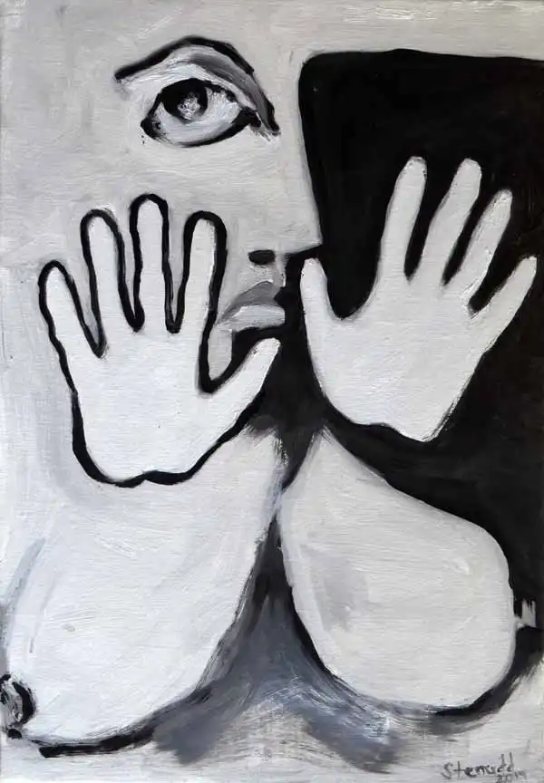 Hands and breasts. Oil painting by Stefan Stenudd, 2014.