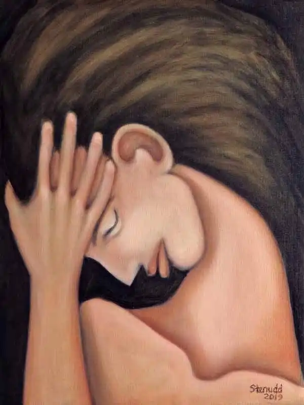 Head in hand. Oil painting by Stefan Stenudd, 2019.