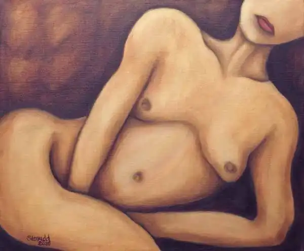 Leaning woman. Oil painting by Stefan Stenudd, 2020.