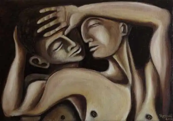 Man embraced from behind. Oil painting by Stefan Stenudd, 2014.