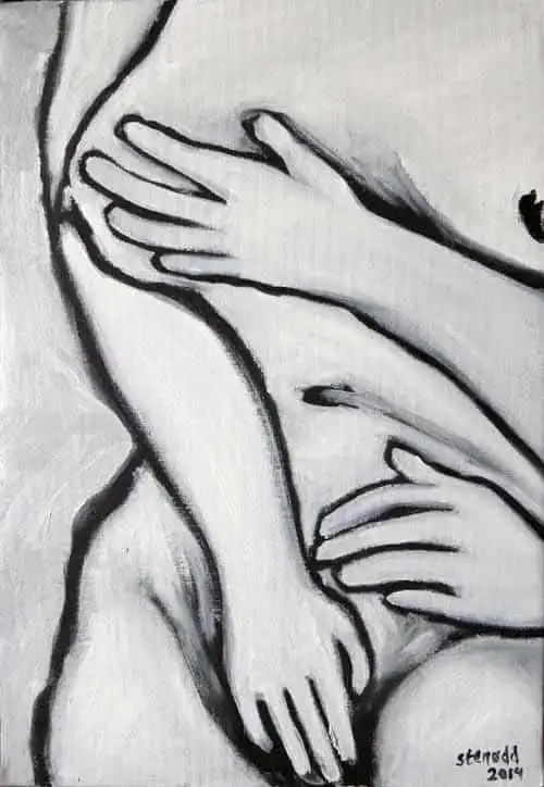 Three hands on one body. Oil painting by Stefan Stenudd, 2014.