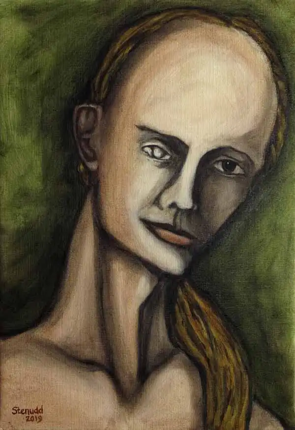 Ponytailed portrait. Oil painting by Stefan Stenudd, 2019.