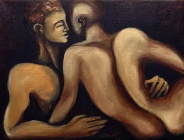 Seated embrace. Oil painting by Stefan Stenudd, 2014.