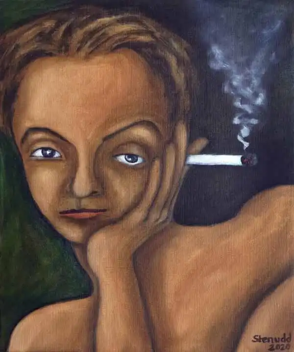 Smoking. Oil painting by Stefan Stenudd, 2020.