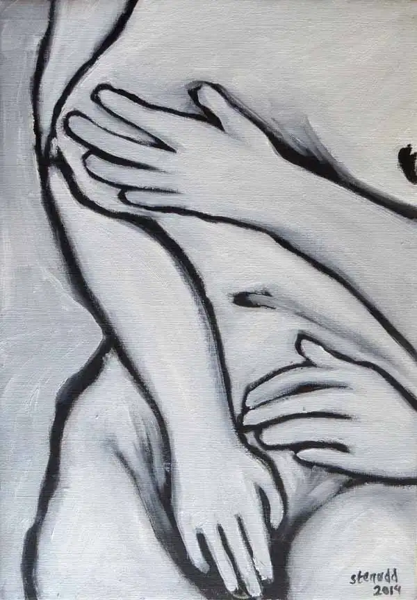 Three hands on one body. Oil painting by Stefan Stenudd, 2014.