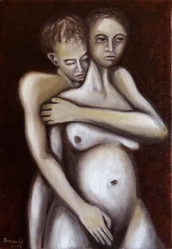 Woman embraced from behind. Oil painting by Stefan Stenudd, 2014.