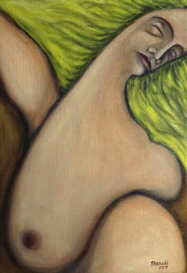 Yellow-haired woman. Oil painting by Stefan Stenudd, 2019.
