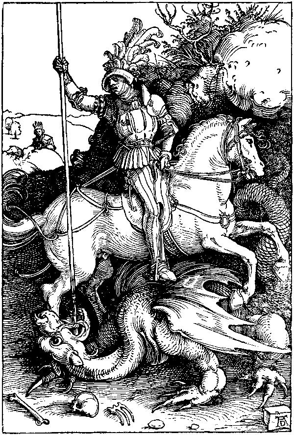 Saint George killing the dragon. Woodcut by Albrecht-Durer, c. 1504.