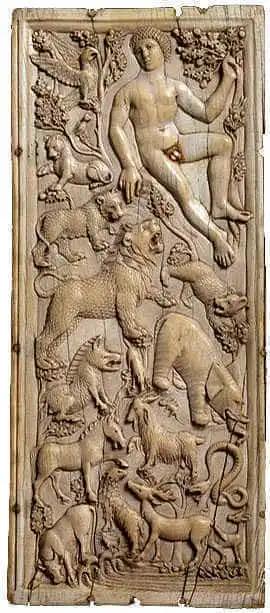 Adam names all the animals, as described in Genesis II of the Bible. Roman relief from the 5th century.