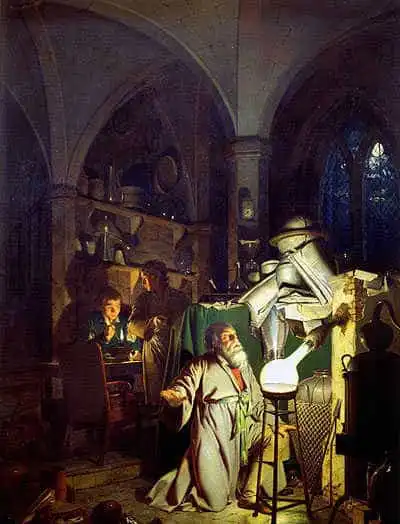The Alchemist, in search of the Philosopher's Stone. Painting by Joseph Wright, 1771.